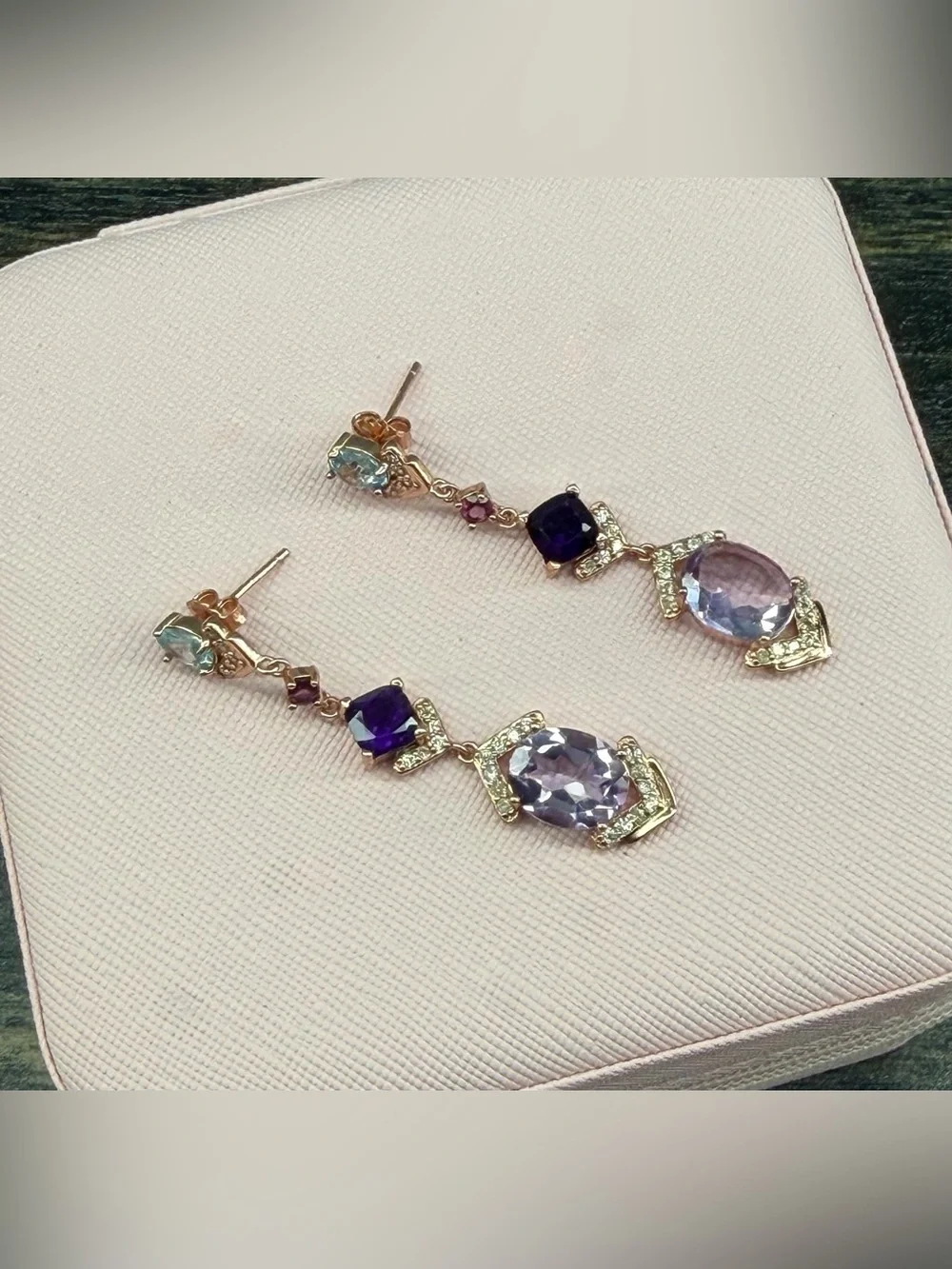 STUNNING! Natural Amethyst, Garnet, Topaz Dangle Earrings 14K Rose Gold over SS